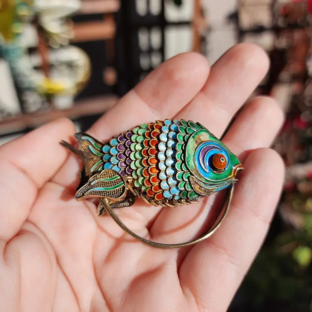 Vtg Old Chinese Export Fish Figurine Sterling Silver Gilt Cloisonne Articulated